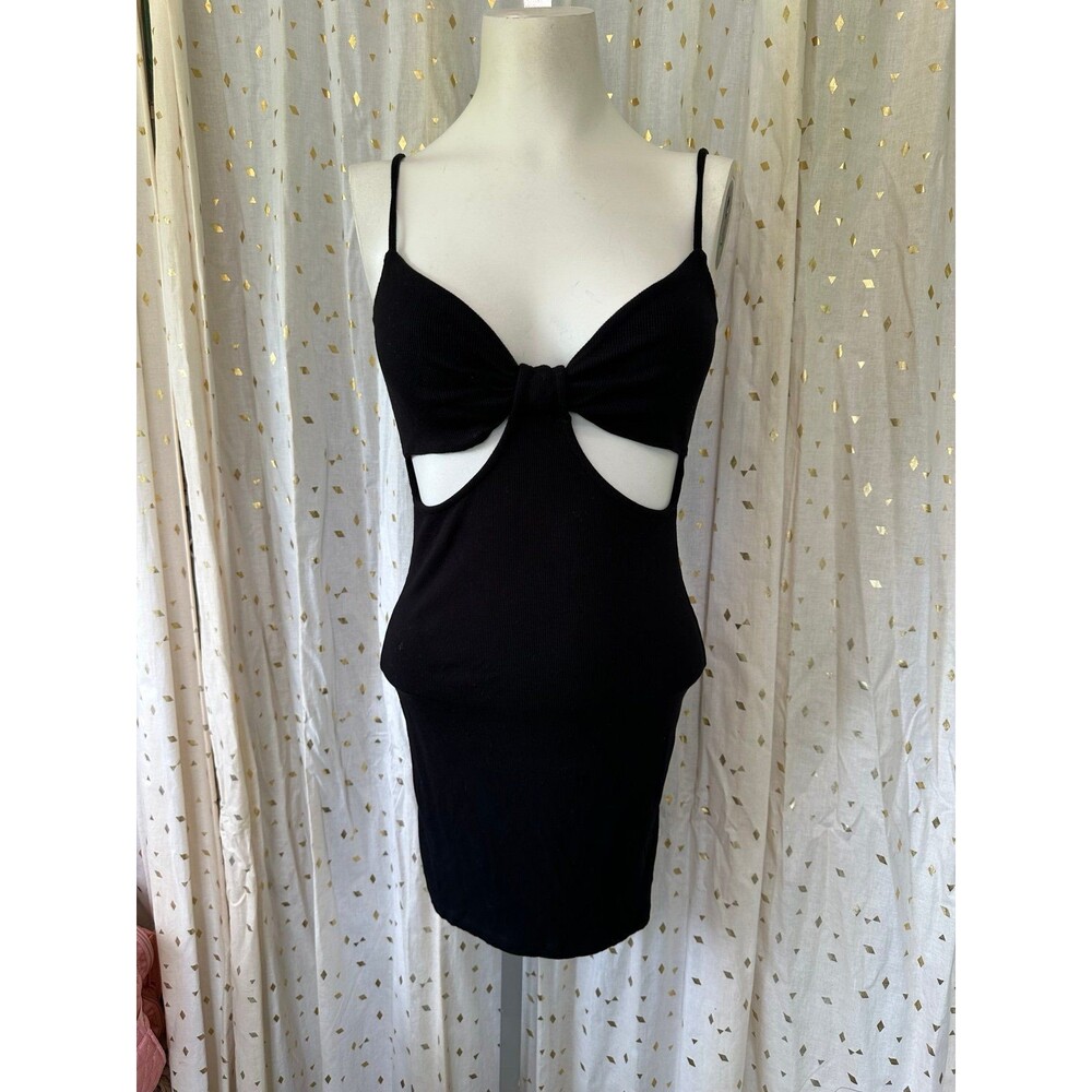 Elodie Serita Inspired Black Ribbed Jersey Knit Midriff Cut Outs Mini Dress S